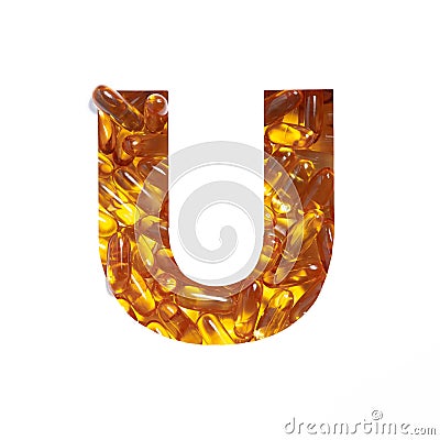 Omega supplement. Letter U of alphabet of oil fish pills and paper cut isolated on white. Golden typeface for pharmacy Stock Photo