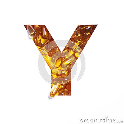 Omega supplement. Letter Y of alphabet of oil fish pills and paper cut isolated on white. Golden typeface for pharmacy Stock Photo