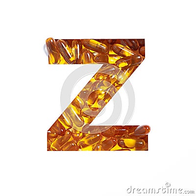 Omega supplement. Letter Z of alphabet of oil fish pills and paper cut isolated on white. Golden typeface for pharmacy Stock Photo