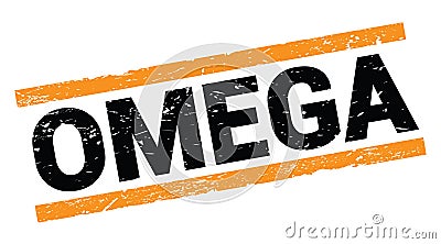 OMEGA text on orange rectangle stamp sign Stock Photo