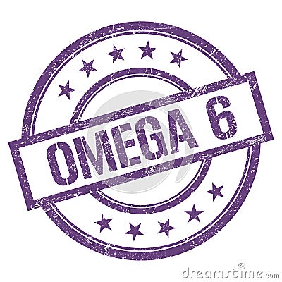 OMEGA 6 text written on purple violet vintage stamp Stock Photo