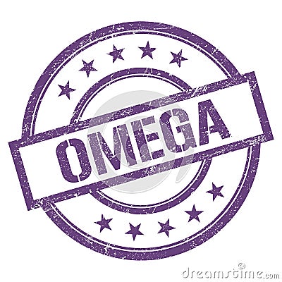 OMEGA text written on purple violet vintage stamp Stock Photo