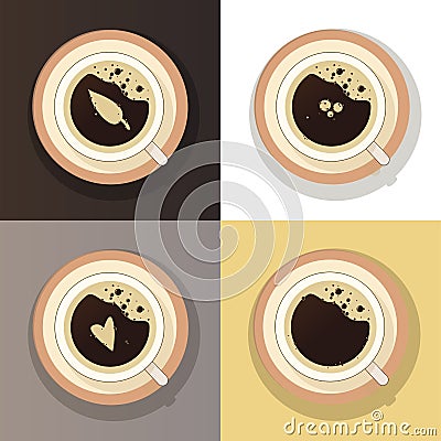 Coffee cup top view set vector isolated. Menu restraurant, cafe, coffee shop. Drawing coffee foam. Vector Illustration