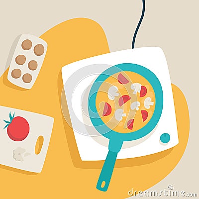 Omelet with mushrooms and tomatoes in a pan on the stove. cooking omelet. Chopping board with tomatoes. Vector Illustration