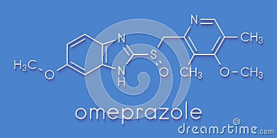 Omeprazole dyspepsia and peptic ulcer disease drug proton pump inhibitor molecule. Skeletal formula. Stock Photo