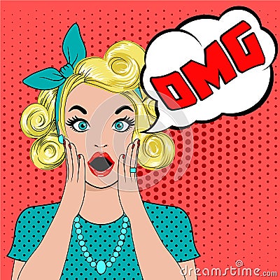 OMG bubble pop art surprised blond woman Cartoon Illustration