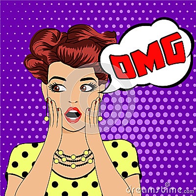 OMG bubble pop art surprised woman Cartoon Illustration