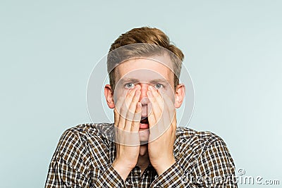 Omg unbelievable shock man open mouth emotion Stock Photo