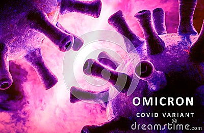 Omicron COVID-19 variant poster, purple banner with coronavirus germs Cartoon Illustration