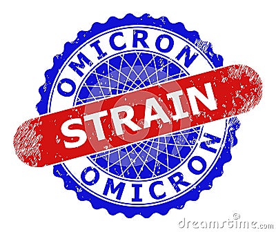 OMICRON STRAIN Rosette and Rounded Rectangle Bicolor Stamp in Distress Surface Vector Illustration