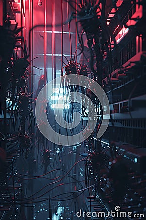 An ominous visualization of a computer system slowly being overtaken by dark glitchy bug forms representing the spread of Stock Photo