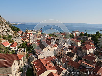 Omis, Croatia - July 23, 2021: Panorama of the old town of Omis with the historic Church of St. Michael in the center. Editorial Stock Photo