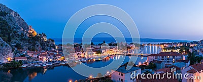 Omis panorama at sunset with the moon and reflection Stock Photo