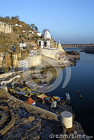 Omkareshwar ghat and the temple of Jyothirlingam one of the 12 throughout India Editorial Stock Photo