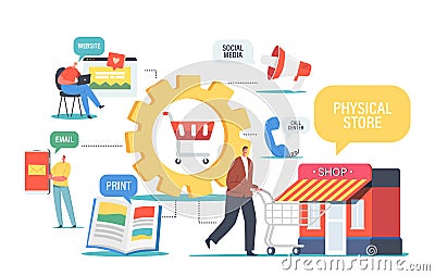 Omnichannel, Digital Marketing Concept, Several Communication Channels Between Seller and Customer. Character Visit Shop Vector Illustration