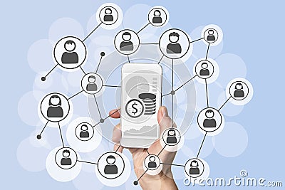 Omnichannel and viral social marketing and mobile sales concept with hand holding modern smart phone Stock Photo