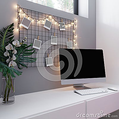 omputer display for mockup on table, interior, Scandinavian style, 3D rendering Stock Photo