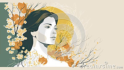 ?omputer illustration 8 march day, flowers - beautiful young woman. Cartoon Illustration