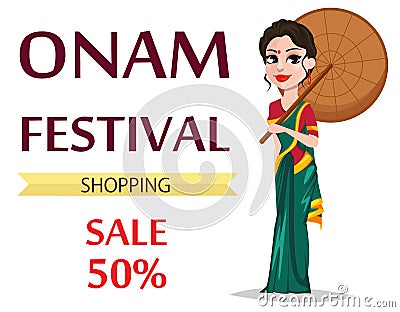 Onam celebration. Indian woman in traditional clothes holding umbrella. Vector Illustration