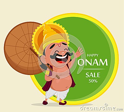 Onam celebration. King Mahabali holding umbrella, cheerful cartoon character. Vector Illustration