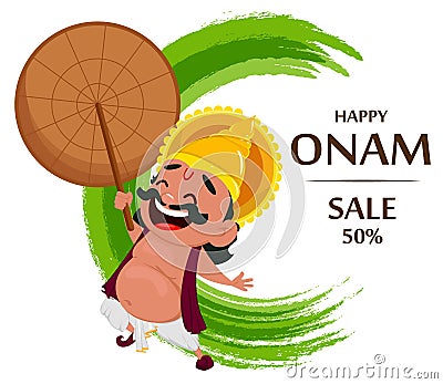 Onam celebration. King Mahabali holding umbrella, cheerful cartoon character. Vector Illustration