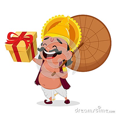 Onam celebration. King Mahabali holding umbrella and gift box, cheerful cartoon character. Vector Illustration