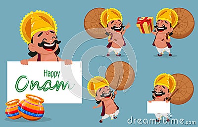 Onam celebration. King Mahabali holding umbrella, set of five poses. Vector Illustration