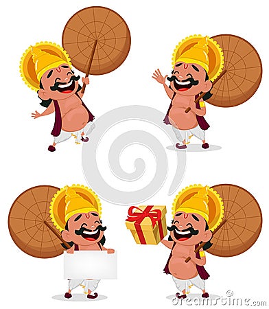 Onam celebration. King Mahabali holding umbrella, set of four poses. Vector Illustration