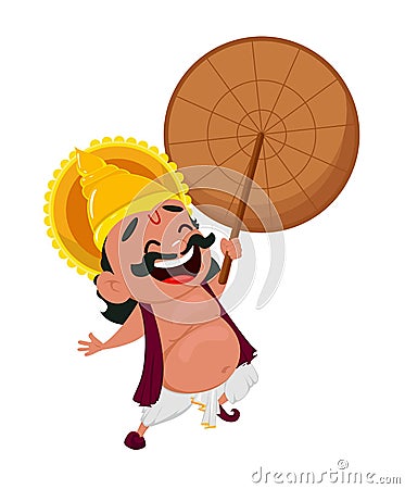 Onam celebration. Laughing King Mahabali holding umbrella, cheerful cartoon character. Vector Illustration