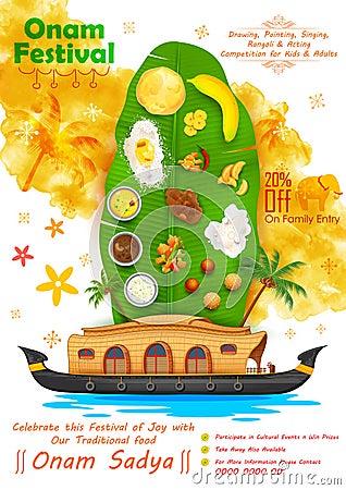 Onam feast on banana leaf Vector Illustration
