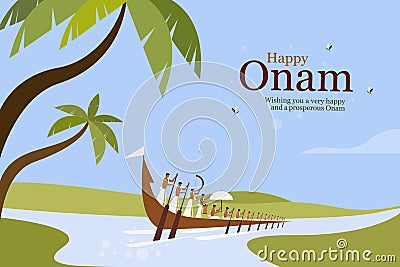 Traditionally dressed oarsmen rowing a snake boat during the `Onam` festiva Vector Illustration