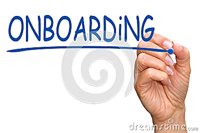 Onboarding - female hand with pen writing text Stock Photo