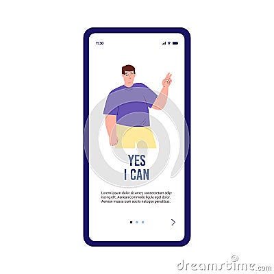 Onboarding app screen with self confident chubby man flat vector illustration. Vector Illustration