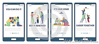 Onboarding mobile pages kit with people make repairs, flat vector illustration. Vector Illustration