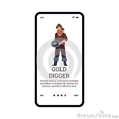 Onboarding mobile screen with gold digger or miner, flat vector illustration. Vector Illustration