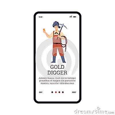 Onboarding page with gold digger or treasure hunter flat vector illustration. Vector Illustration