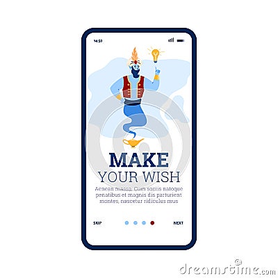 Onboarding page of mobile app with friendly genie cartoon vector illustration. Vector Illustration