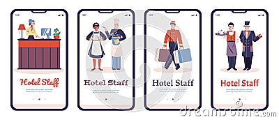 Onboarding pages kit with hotel services employees, flat vector illustration. Vector Illustration