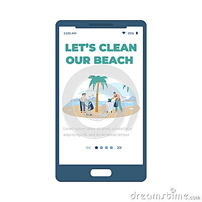 Onboarding screen for beach clean up ecological event, flat vector illustration. Vector Illustration