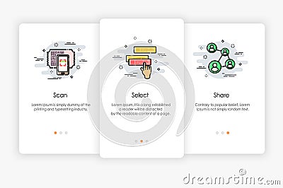 Onboarding screens design in how to use app concept. Scan Select and Share icon. Vector Illustration