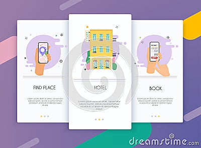 Onboarding screens user interface kit for mobile app templates concept of find hotel. Concept for web banners, websites, Vector Illustration