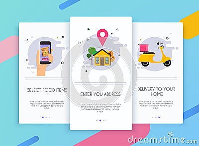 Onboarding screens user interface kit for mobile app templates concept of food delivery. Concept for web banners, websites, Vector Illustration