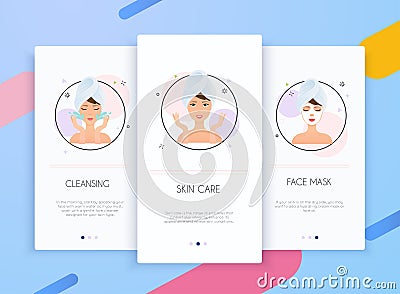 Onboarding screens user interface kit for mobile app templates concept of skin care. Steps how to apply facial mask. Skincare Vector Illustration