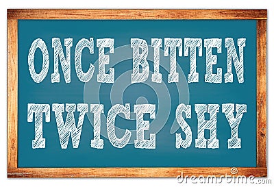 ONCE BITTEN TWICE SHY words on blue wooden frame school blackboard Stock Photo