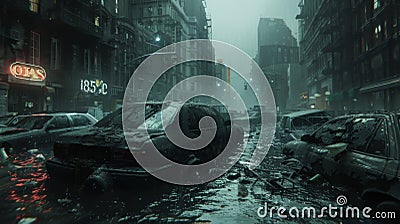 A oncebustling metropolis is transformed into an eerie underwater world dotted with abandoned cars and streetlights Stock Photo