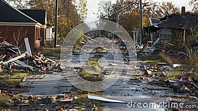 A oncebustling neighborhood now reduced to a ghost town with shattered windows collapsed roofs and debris covering every Stock Photo