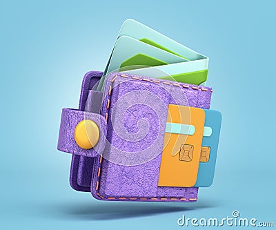 Ð¡oncept of accumulation of funds in the wallet with credit card and bills 3d render illustration on blue background Cartoon Illustration