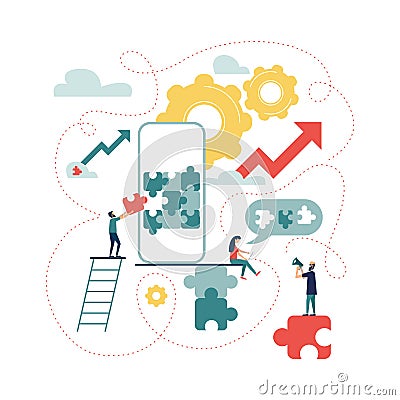 Ð¡oncept of creating mobile application using puzzle. Vector Illustration