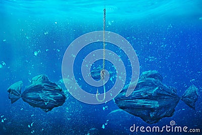 Ð¡oncept of global pollution. In the open ocean floating trash b Stock Photo