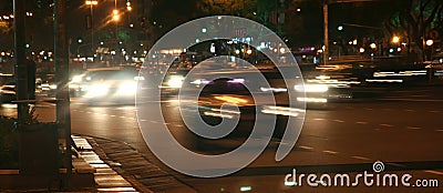 Oncoming night traffic with blurred headlights Stock Photo